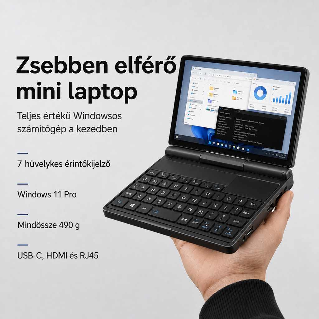7 hüvelykes érintőkijelzős mini laptop Windows 11 Pro rendszerrel USB-C és HDMI csatlakozással