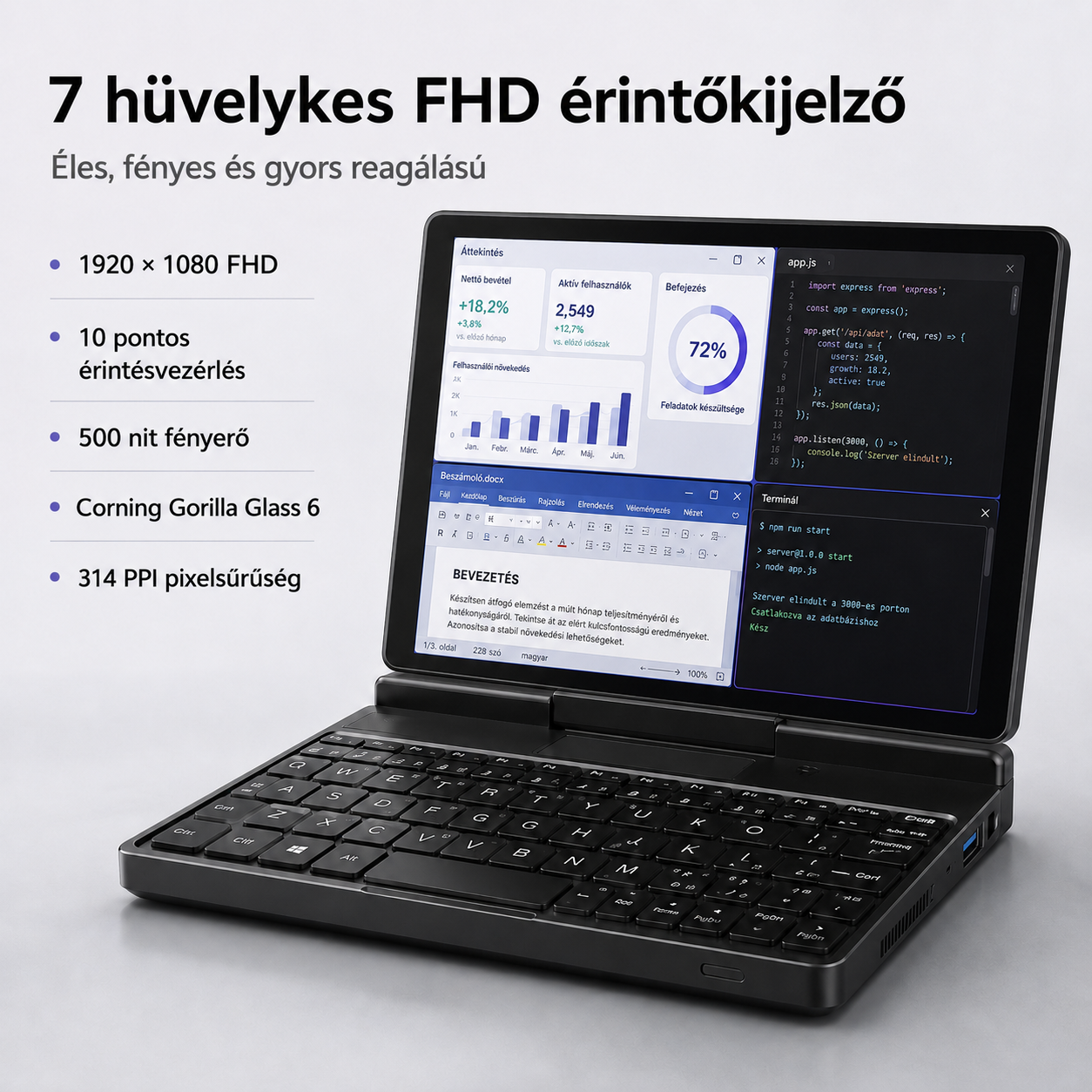 7 hüvelykes érintőkijelzős mini laptop Windows 11 Pro rendszerrel USB-C és HDMI csatlakozással