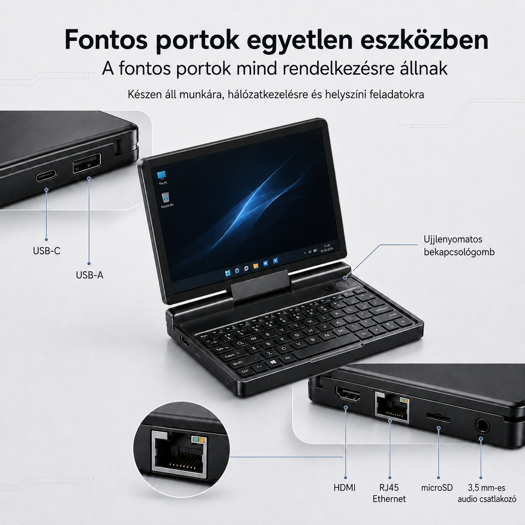 7 hüvelykes érintőkijelzős mini laptop Windows 11 Pro rendszerrel USB-C és HDMI csatlakozással