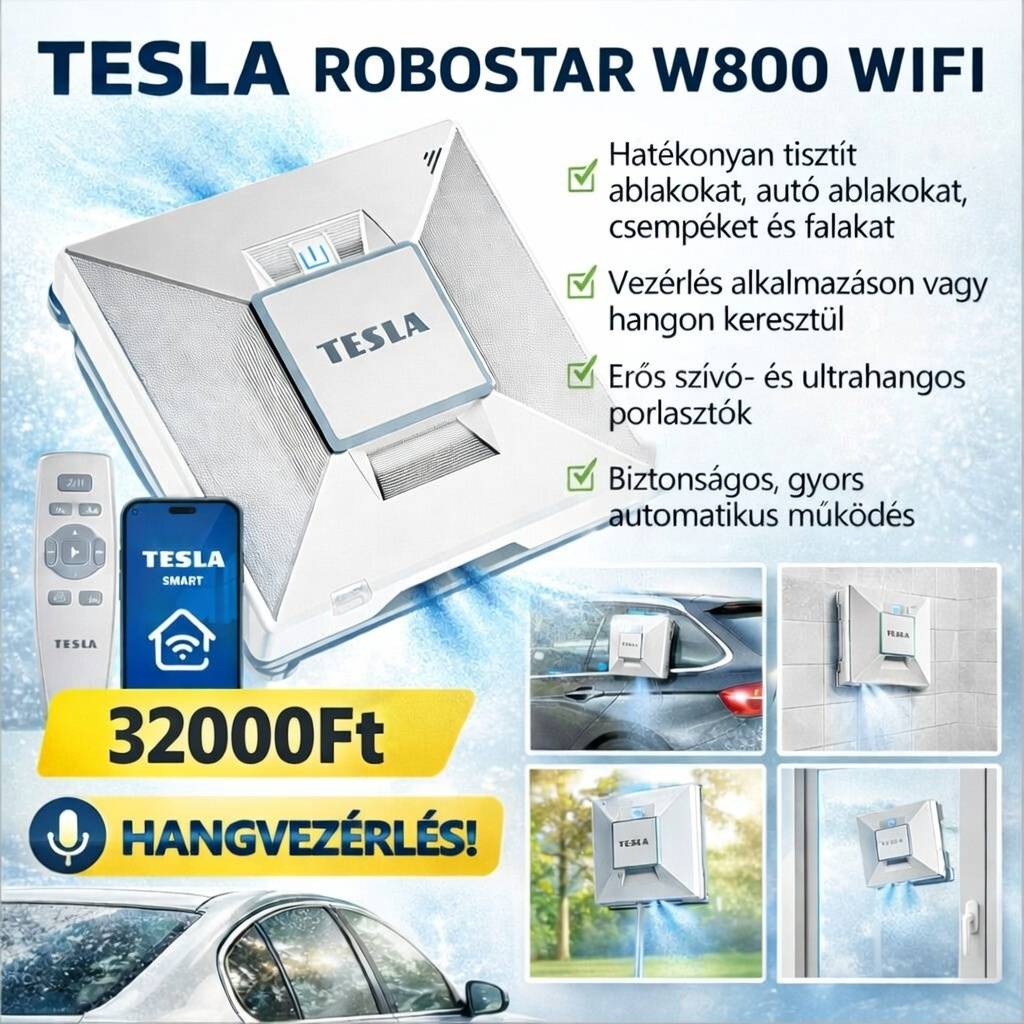 Tesla RoboStar okos ablaktisztító (autóablakok, padló, csempék és egyéb ablaktípusok tisztításához), vízpermet funkcióval, 72W/230V/650mAh teljesítménnyel, Wi-Fi támogatással és távirányítással vezérelhető.